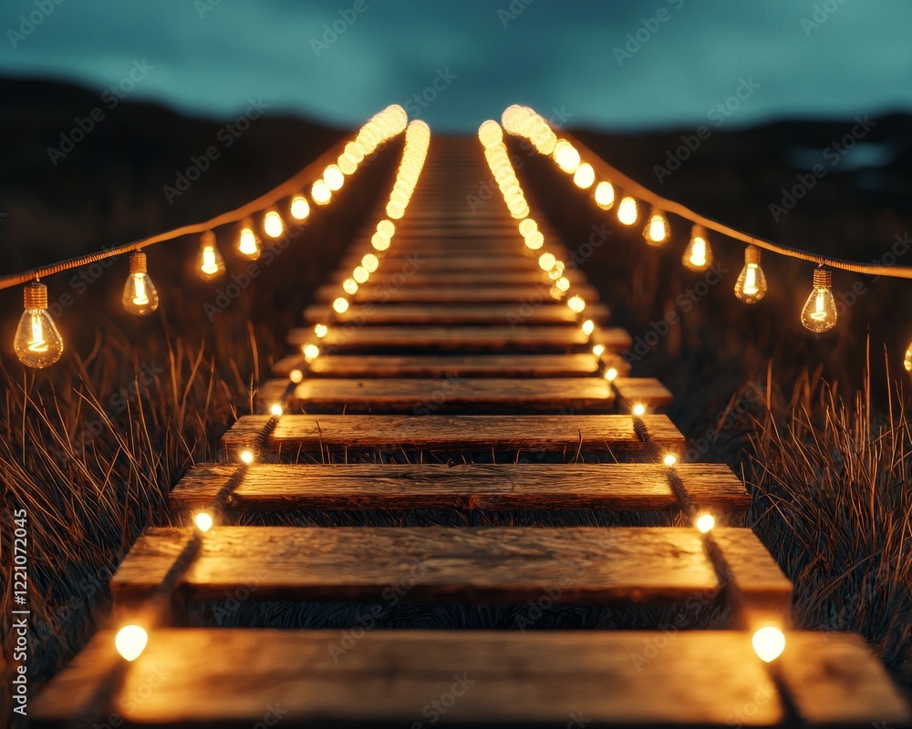 Poster a serene pathway illuminated by string lights, leading into a tranquil, dusk-lit environment, inviti