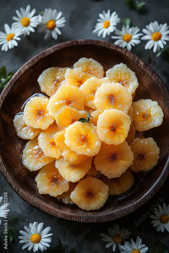 Poster bowl of bananas with a bunch of flowers in the background. the bananas are sliced and arranged in a 