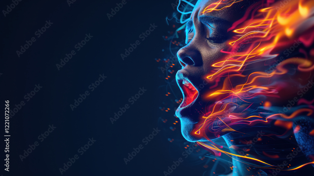 Poster abstract portrait of singer with vibrant colors and dynamic energy, expressing emotion through visua