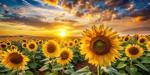 Fototapeta premium Vibrant Sunflower Field at Sunset, Ample Copy Space for Text - Summer Nature Background