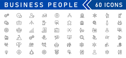 Business people line icons set. Teamwork, human resources, meeting, partnership, workgroup, success, leadership. Editable outline icon.