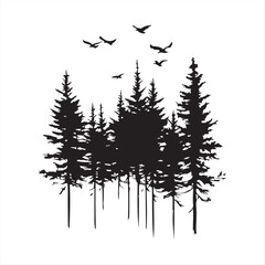 silhouettes of trees with Birds Flying isolated Vector Graphic on White Background