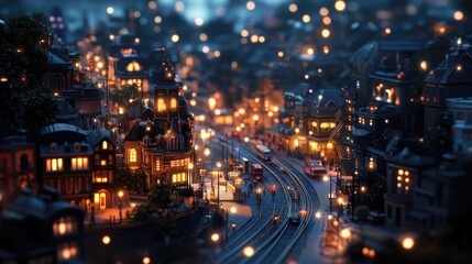 Fototapeta premium A miniature city at night, with streets aglow from vibrant nightlife and illuminated buildings, captured with a tilt-shift effect.