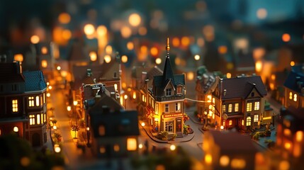 Obraz premium A miniature city at night, with streets aglow from vibrant nightlife and illuminated buildings, captured with a tilt-shift effect.