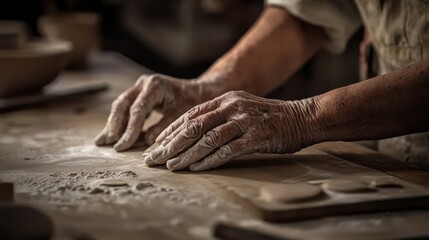 An artisan's hands skillfully shape clay on a workbench, showcasing craftsmanship and dedication, embodying the tactile experience of creating art with passion.