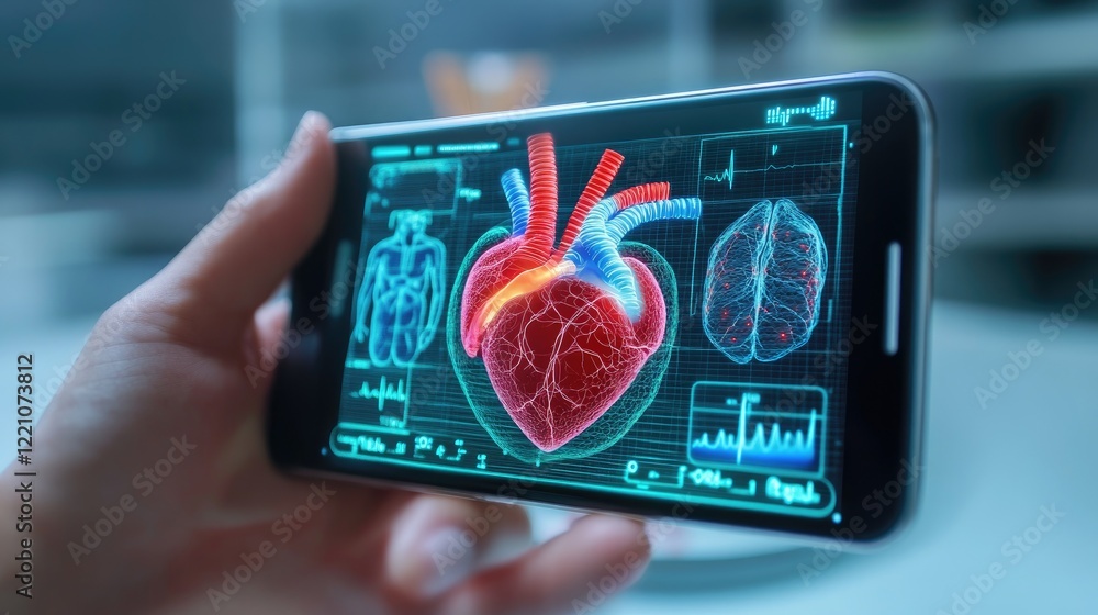 Aufkleber A modern e-health application displayed on a mobile device, showcasing a 3D heart and vital signs for monitoring health.