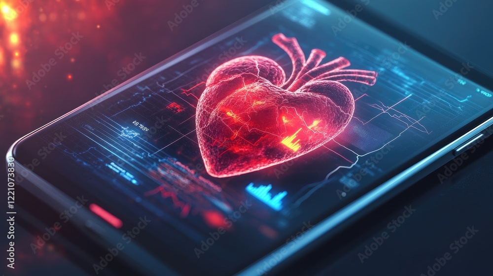 Poster A modern e-health application displayed on a mobile device, showcasing a 3D heart and vital signs for monitoring health.