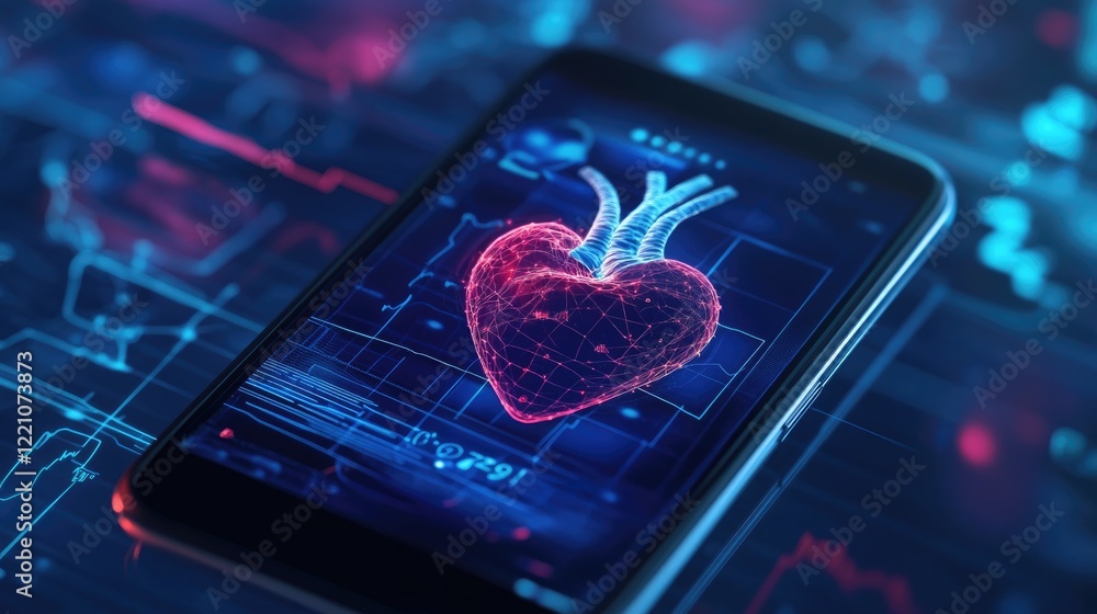 Poster A modern e-health application displayed on a mobile device, showcasing a 3D heart and vital signs for monitoring health.