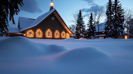 Snow Covered Church at Night