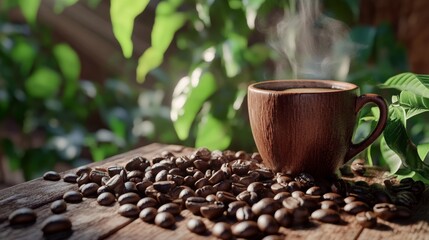 Fototapeta premium coffee beans scattered on a wooden surface, with a steaming cup of coffee and coffee plants in the background