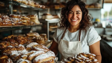 A cheerful baker stands amidst an array of freshly baked goods, embodying the joy of baking and the artistry involved in creating an enticing and delicious spread.