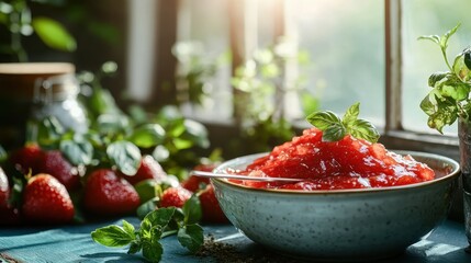 An enticing bowl of strawberry jam is surrounded by fresh strawberries, enhanced by natural sunlight, creating a colorful and mouth-watering culinary display of freshness.
