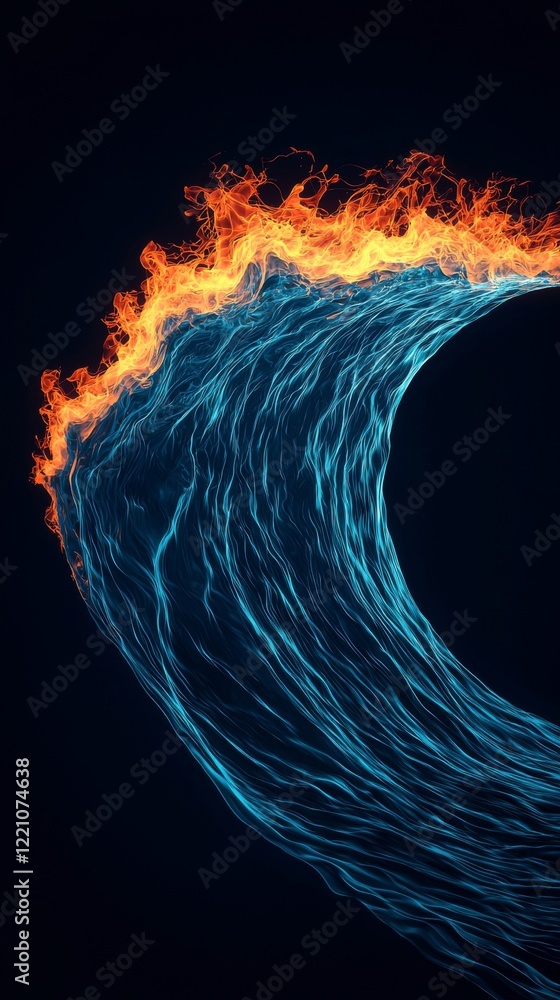 Poster a stunning visual of a wave combining water and fire, creating an artistic blend of heat and movemen