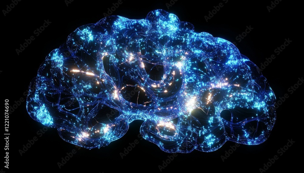 Poster a stunning visualization of a brain illuminated with vibrant lights, symbolizing cognitive processes