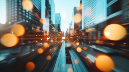 A visually striking illustration of a bustling city street highlighted by vibrant light trails, evoking a sense of movement and excitement within an urban environment.