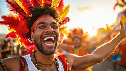 Vibrant carnival parade at sunset with joyful participants in colorful costumes, celebrating culture and community spirit