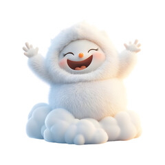 Fluffy 3D Cartoon Character Sitting on a Glowing Cloud Isolated on Transparent Background