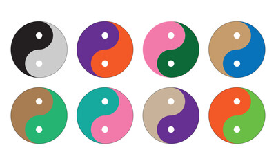 Yin yang icon set. Yin and yang symbols isolated on white background. Ying yang icon symbol of harmony and balance different colourful graphic logo design. Vector illustration. EPS 10