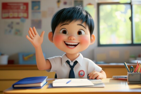 Asian Child in School Uniform Smiling at Desk