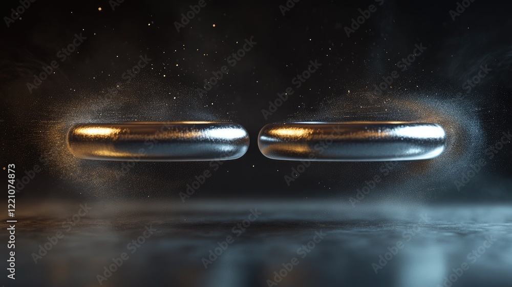 Poster A pair of neodymium magnets snapping together with motion blur, emphasizing the fast and powerful attraction between them.