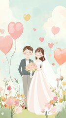 Joyful Cartoon Marriage Scene with Bride, Groom, Balloons, and Flowers