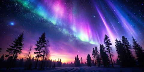 Naklejka premium Vintage Aurora Borealis Night Sky, Silhouetted Trees, Purple Glow