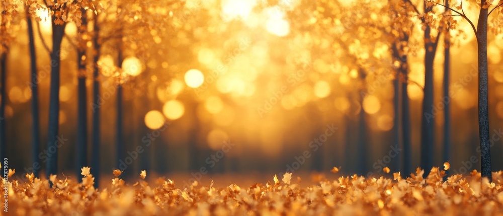 Aufkleber a tranquil autumn scene with golden trees and soft sunlight filtering through leaves, creating a ser