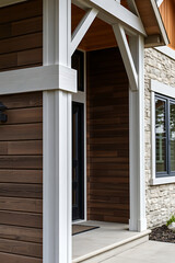 Fototapeta premium Modern House Exterior Design: Wood and Stone Facade, Contemporary Porch, and Stylish Entrance. Real Estate Photography