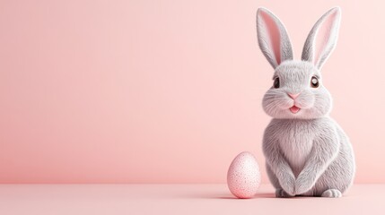 A cute, animated bunny posing confidently on a pastel pink background with a single decorative egg beside it