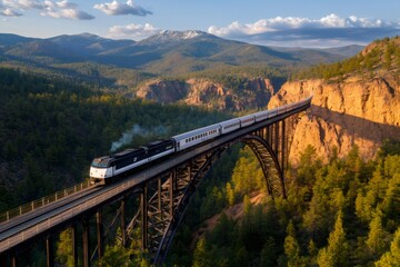 Obraz premium Passenger train crossing bridge in beautiful mountain valley at sunset