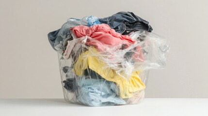 Fototapeta premium A plastic laundry basket overflowing with clothes, isolated on a white surface for a minimalist and clear composition.