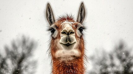 Obraz premium A close-up of a majestic llama standing in a snowy environment, showcasing the serene beauty of nature combined with the striking features of this elegant animal.