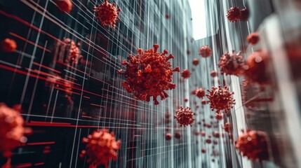 A striking digital illustration depicting COVID-19 virus particles, highlighting the intricate details and ominous nature of the virus against a futuristic background.