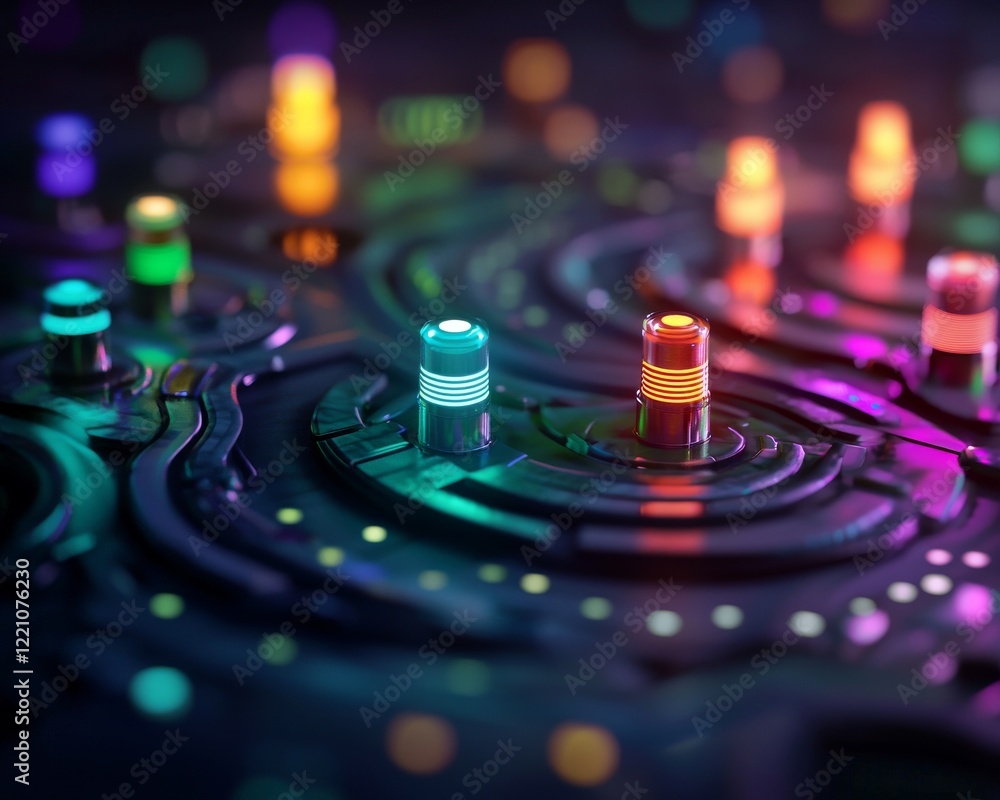 Poster a vibrant close-up of colorful circuit board components illuminated with led lights, showcasing mode