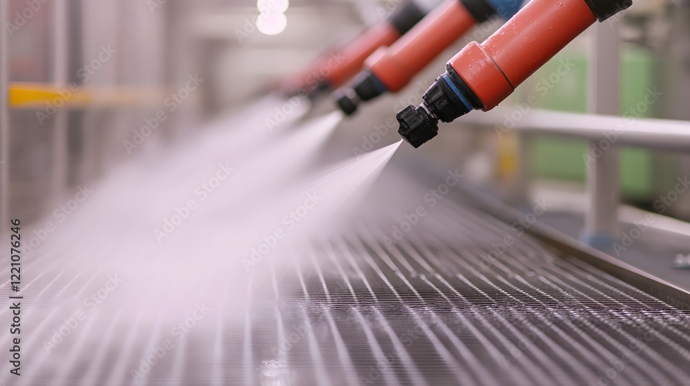 Poster robotic arms being sanitized with automated misting systems in modern factory