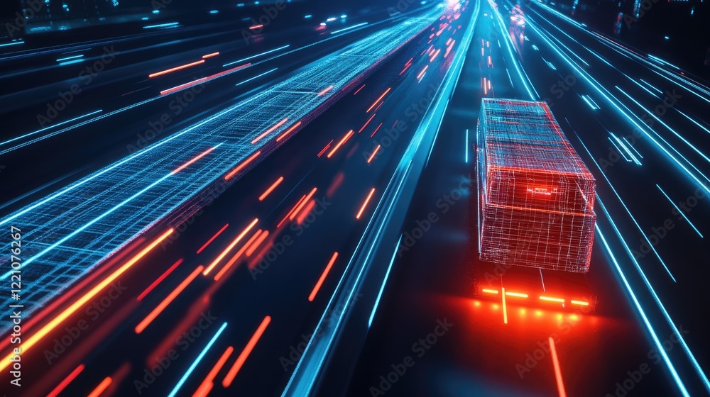 Poster a polygonal truck illuminated with digital patterns speeds down a high-tech road, depicting the futu