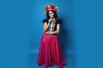 Fototapeta premium A person dressed in a traditional Dia de los Muertos costume stands confidently against a solid blue background. Their face is painted like a sugar skull, showcasing vibrant colors