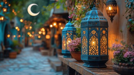 Fototapeta premium Illuminated Lanterns Adorn A Festive Nighttime Street