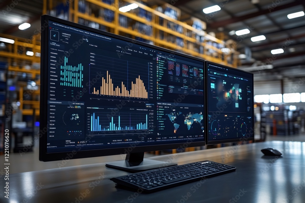 Aufkleber Computer monitors displaying various data and charts in a warehouse setting