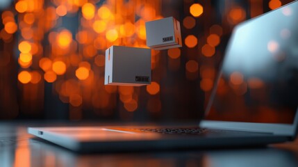 A laptop with floating packages above it, set against a backdrop of warm, glowing bokeh lights, suggesting themes of technology and e-commerce.