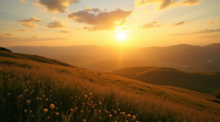 Golden Hour Over Rolling Countryside Hills