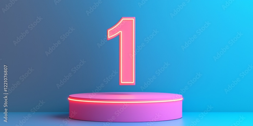 Poster a vibrant digital display featuring a glowing number one on a circular podium against a colorful bac