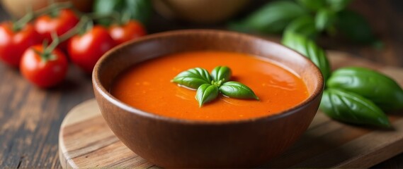 Creamy tomato soup with basil in rustic kitchen setting, comfort food.-
