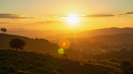 Golden Hour Over Rolling Countryside Hills