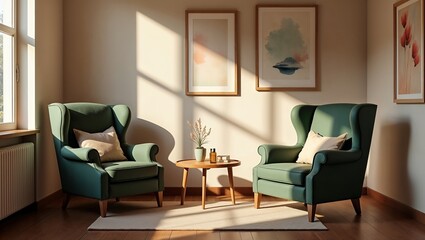 A serene consulting room with plush green armchairs and calming decor, perfect for intimate conversations
