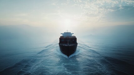 Fototapeta premium Container ship in the sea with beautiful water lines, front view. 