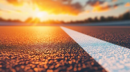 Camping road trip on the highways Sunset over a road with a visible lane marking and textured asphalt.