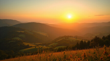 Golden Hour Over Rolling Countryside Hills