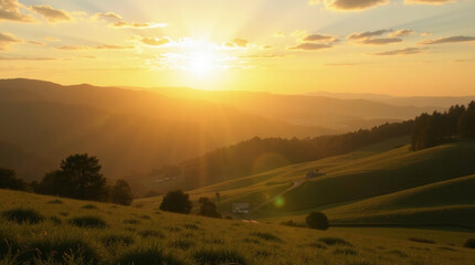 Golden Hour Over Rolling Countryside Hills