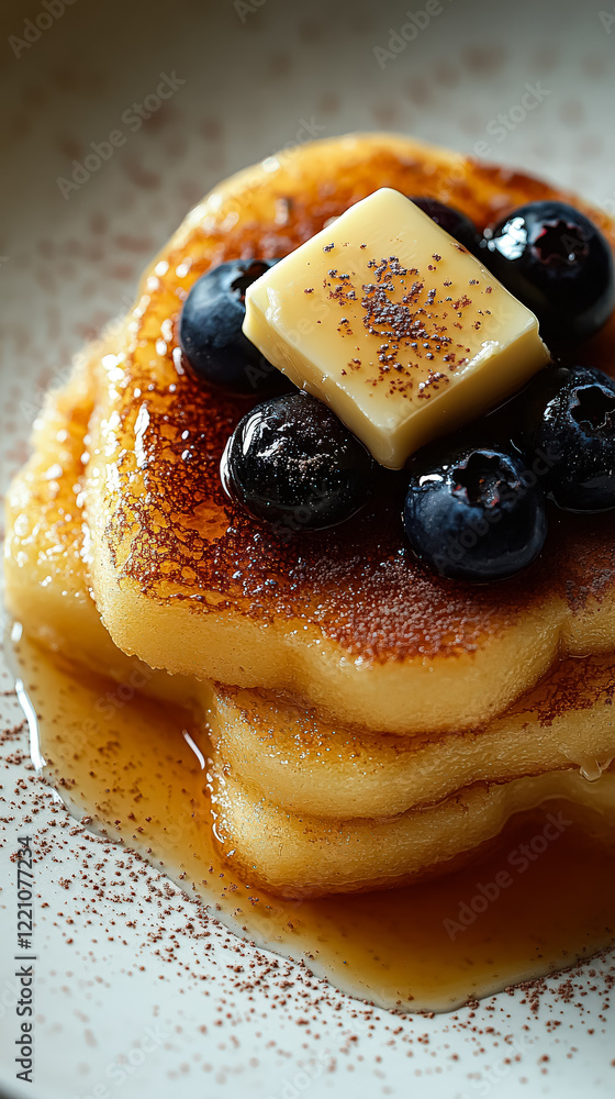 Poster stack of pancakes with blueberries and butter on top. the pancakes are piled high and the blueberrie